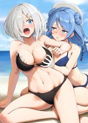 2girls bikini black_bikini blue_bikini blue_eyes blue_hair blue_sky blurry blurry_background blush braid braided_bun breasts cleavage collarbone commentary day double_bun gloves grabbing_another&#039;s_breast grey_hair groping hair_bun hair_ornament hair_over_one_eye hairclip hamakaze_(kancolle) hand_under_clothes hat highres horizon ichikawa_feesu kantai_collection long_hair looking_at_another medium_hair multiple_girls navel o-ring o-ring_top open_mouth outdoors sky swimsuit thighs urakaze_(kancolle) white_gloves white_hat yuri