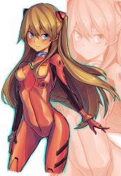 1girl blue_eyes bracer cowboy_shot curvy female_focus hair_between_eyes hand_on_own_thigh legs_apart long_hair mecha_pilot_suit neon_genesis_evangelion outline plugsuit_(evangelion) saltydanshark shiny_clothes simple_background skin_tight solo souryuu_asuka_langley standing two_side_up v-shaped_eyebrows very_long_hair white_background wide_hips zoom_layer