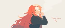 1girl black_coat cigarette coat highres kali_(project_moon) library_of_ruina long_hair long_sleeves looking_at_viewer parted_bangs project_moon realtawil red_hair simple_background smoking solo upper_body white_background yellow_eyes