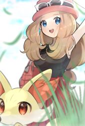 1girl absurdres blonde_hair blue_eyes eyewear_on_headwear fennekin gen_6_pokemon hat highres jacket kurumiya_(krmy_p) long_hair nintendo pokemon pokemon_xy red_hat red_skirt serena_(pokemon) shirt skirt sleeveless sleeveless_duster sleeveless_shirt sunglasses turtleneck turtleneck_jacket