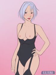 1girl absurdres black_leotard breasts breasts_out garter_straps hand_on_own_hip highres jericho_(nanatsu_no_taizai) kalruna leotard nanatsu_no_taizai small_breasts white_hair