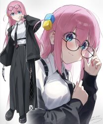 1girl absurdres adjusting_eyewear bespectacled black_jacket black_necktie black_shoes black_skirt blue_eyes blush bocchi_the_rock! closed_mouth collared_shirt commentary cube_hair_ornament eyewear_on_head glasses gotoh_hitori hair_ornament highres jacket long_hair long_skirt long_sleeves multiple_views nail_polish necktie one_side_up open_clothes open_jacket pink_hair red_nails seisyuntarotto shirt shoes signature simple_background skirt standing white_shirt