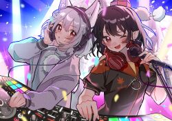 2girls ;d animal_ear_fluff animal_ears black_hair black_jacket blush commentary_request dj double-parted_bangs hair_between_eyes hat headphones headphones_around_neck highres holding holding_microphone inubashiri_momiji jacket looking_at_viewer microphone multiple_girls one_eye_closed open_mouth phonograph pointy_ears pom_pom_(clothes) red_eyes red_hat shameimaru_aya short_hair short_sleeves smile sweatdrop tamagogayu1998 tokin_hat touhou turntable upper_body white_hair white_jacket white_sleeves wolf_ears