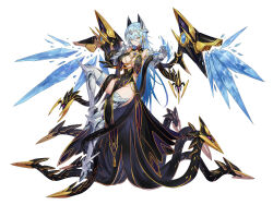 1girl absurdres black_dress blue_hair boots breasts circlet commission crystal_wings dress full_body gauntlets gold_trim high_heel_boots high_heels highres large_breasts long_hair looking_at_viewer mytea_(soso) no_panties original skeb_commission solo tentacle_clothes tentacles thigh_boots white_background yellow_eyes
