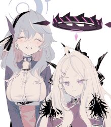 2girls ahoge ako_(blue_archive) bell black_halo black_horns black_ribbon blue_archive blue_hair blue_halo blush breasts choker closed_eyes closed_mouth collar cowbell demon_girl demon_horns forehead grin hair_ornament halo hina_(blue_archive) horns long_hair multiple_girls multiple_horns neck_bell ouri_(aya_pine) parted_bangs purple_eyes ribbon shirt sideboob sideless_outfit sideless_shirt single_handcuff smile unfinished white_hair