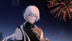 1boy :d a_date_with_death aegyo aerial_fireworks blush casper_(a_date_with_death) fireworks gradient_background grin hair_flowing_over hair_over_shoulder highres jacket jacket_partially_removed jellyfish_cut large_variant_set light_particles looking_at_viewer male_focus night night_sky non-web_source official_art open_mouth red_eyes sky sleeveless sleeveless_turtleneck smile solo surprised tree turtleneck upper_body variant_set white_hair wide-eyed