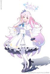 1girl absurdres angel_wings black_shoes blue_archive buttons capelet double-breasted dress feathered_wings frilled_dress frills full_body gradient_hair halo heart highres long_hair low_wings mika_(blue_archive) multicolored_hair murasame_(sword_of_nmkr) open_mouth pantyhose pink_hair pink_halo scrunchie shadow shoes simple_background solo standing twitter_username very_long_hair w white_background white_capelet white_dress white_pantyhose wings wrist_scrunchie yellow_eyes