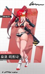 Rule 34 | 1girl, absurdres, adjusting clothes, adjusting swimsuit, armpits, asymmetrical gloves, belt, between breasts, bikini, bikini top only, boots, bracelet, breasts, cleavage, english text, fingerless gloves, flame print, glasses, gloves, goddess of victory: nikke, grid background, gun, hair ornament, hair stick, high ponytail, highres, jewelry, jindogod, korean commentary, korean text, large breasts, looking at viewer, micro shorts, navel, no shirt, parody, pink scarf, pink socks, pink thighhighs, ponytail, red hair, rifle, scarf, shorts, sidelocks, skull hair ornament, socks, solo, strap between breasts, striped clothes, striped scarf, studded belt, studded bracelet, swimsuit, teeth, tengen toppa gurren lagann, thick thighs, thighhighs, thighs, translation request, uneven gloves, upper teeth only, v, weapon, white boots, yoko littner, zettai ryouiki, zoom layer
