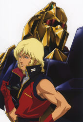 1980s_(style) 1990s_(style) 1boy belt blonde_hair gloves grin gun gundam hand_on_own_hip highres hyaku_shiki key_visual looking_at_viewer machine_gun mecha mobile_suit mullet muscular muscular_male muzzle official_art oldschool onda_naoyuki promotional_art quattro_bajeena removing_eyewear retro_artstyle robot scan science_fiction serious sideburns smile sunglasses traditional_media upper_body vest weapon white_background zeta_gundam