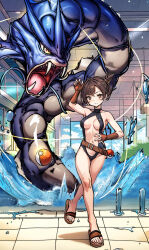 1girl absurdres adapted_costume armpits asymmetrical_hair bare_legs belt black_hair breasts brown_eyes cowboy_shot gen_1_pokemon gloves gyarados gym_leader hair_tie highres legs maruyu medium_breasts mega_pokemon misty_(pokemon) navel nintendo one-piece_swimsuit poke_ball pokemon pokemon:_the_electric_tale_of_pikachu ponytail pool sandals shiny_skin short_hair side_ponytail swimsuit thighs water wide_hips
