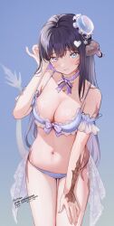10_plus 1girl au_ra black_hair blue_eyes blush breasts commission dragon_girl dragon_horns dragon_tail english_text final_fantasy final_fantasy_xiv gradient_background highres horns large_breasts long_hair looking_at_viewer navel scales skeb_commission solo swimsuit tail