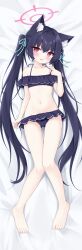 1girl absurdres animal_ear_fluff aqua_ribbon barefoot bikini bikini_bottom_lift black_bikini black_hair blue_archive dakimakura_(medium) fang feet frilled_bikini frills full_body hair_ribbon halo highres long_hair looking_at_viewer mochizuki_riku navel official_alternate_costume on_bed open_mouth pink_eyes pink_halo ribbon serika_(blue_archive) serika_(swimsuit)_(blue_archive) solo stomach sweat swimsuit twintails very_long_hair