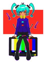 Rule 34 | 1girl, blue hair, blush stickers, boots, bow, bowtie, closed eyes, commentary, crt, detached hair, full body, hatsune miku, highres, long hair, long sleeves, musical note, pleated skirt, sitting, skirt, smile, solo, static (vocaloid), television, test card, thea (w alladoo), thigh boots, traditional bowtie, twintails, vocaloid