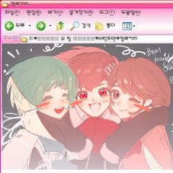 3girls arms_around_neck blush bow bowtie brown_hair carbonacid cardigan english_text gekkoukan_high_school_uniform green_hair highres hug korean_text multiple_girls outside_border persona persona_3 pink_cardigan red_bow red_bowtie school_uniform shiomi_kotone smile takeba_yukari yamagishi_fuuka