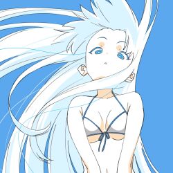 1girl bikini blue_background blue_eyes breasts commentary_request highres kamotsu long_hair looking_at_viewer medium_breasts original parted_lips simple_background solo swimsuit upper_body very_long_hair white_bikini white_hair wind