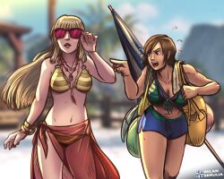 2girls angry bag beach bikini blue_sky breasts brown_hair cloud emilie_de_rochefort kazama_asuka long_hair multiple_girls palm_tree parasol sand see-through_clothes see-through_skirt short_hair shorts skirt sky sunglasses swimsuit tekken tree umbrella wilan_serulia