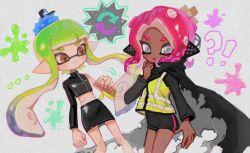 !? ... 2girls agent_3_(splatoon) agent_3_(splatoon)_(cosplay) agent_8_(splatoon) agent_8_(splatoon)_(cosplay) bike_shorts black_cape black_skirt c.q._cumber_(splatoon) cape commentary_request cosplay costume_switch crop_top dark-skinned_female dark_skin green_hair grey_eyes headgear high-visibility_clothing high-visibility_vest inkling long_hair miniskirt multiple_girls nintendo octoling open_mouth pencil_skirt pink_hair pointy_ears skirt splatoon_(series) splatoon_1 splatoon_2 splatoon_2:_octo_expansion standing tentacle_hair torn_cape torn_clothes uuurung very_long_hair