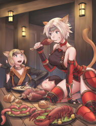 1boy 2girls animal_ears bandana blonde_hair blue_eyes boned_meat bread breasts brown_hair cactus41747280 cat_ears cat_girl cat_tail choker detached_sleeves dougi final_fantasy final_fantasy_xi food harness highres linked_sausages lobster meat medium_breasts mithra_(ff11) multiple_girls plastron sausage scorpion_harness sideboob stew tail tarutaru unitard