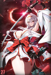 1girl absurdres floral_print floral_print_kimono goddess_of_victory:_nikke hairband highres japanese_clothes katana kimono nishichi off_shoulder official_alternate_costume print_kimono red_hairband red_nails red_sash sash scarlet_(black_shadow)_(longing_flower)_(nikke) scarlet_(black_shadow)_(nikke) scarlet_(nikke) solo sword two-tone_kimono weapon white_kimono