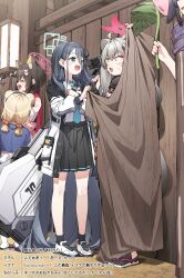 5girls :d ^_^ absurdres ahoge animal_ear_fluff animal_ears aris_(blue_archive) bare_shoulders black_hair black_skirt black_socks blue_archive blue_eyes blue_necktie blush closed_eyes collared_shirt fang fox_ears fox_hair_ornament grey_hair hair_bobbles hair_intakes hair_ornament halo highres izuna_(blue_archive) jacket long_hair long_sleeves low_twintails michiru_(blue_archive) multiple_girls necktie one_side_up open_clothes open_jacket open_mouth pleated_skirt puffy_long_sleeves puffy_sleeves raccoon_ears raccoon_girl raccoon_hair_ornament raccoon_tail ribbed_socks sandals shirt shoes short_eyebrows short_twintails skirt sleeveless sleeveless_shirt smile socks standing tail thick_eyebrows translation_request tsukuyo_(blue_archive) twintails very_long_hair white_jacket white_sandals white_shirt white_shoes wide-eyed yukie_(kusaka_shi)