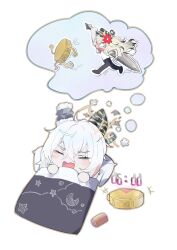 1girl absurdres alarm_clock anger_vein black_horns black_pants can chasing chibi chibi_only clock commentary curled_horns drink_can hair_between_eyes highres holding holding_sword holding_weapon horns imagining open_mouth pants shigureszku solo sword under_covers v-shaped_eyebrows weapon white_hair wuthering_waves zani_(wuthering_waves)