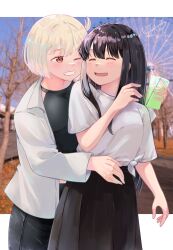 2girls black_hair black_pants black_shirt black_skirt blonde_hair blush chai_haru closed_eyes commentary ferris_wheel highres hug hug_from_behind inoue_takina jacket long_hair lycoris_recoil multiple_girls nishikigi_chisato one_side_up open_mouth pants photo_background red_eyes shirt sidelocks skirt symbol-only_commentary tied_shirt white_jacket white_shirt yuri