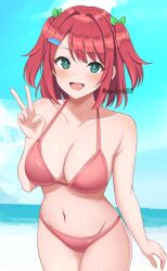 1girl :d bikini blue_sky breasts cloud commentary_request day dolphin_wave green_eyes highres large_breasts looking_at_viewer ocean open_mouth pink_bikini red_hair sakimiya_kohari short_hair sky smile solo surippa1010 swimsuit twitter_username two_side_up v