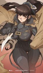 1girl alternate_costume black_bodysuit bodysuit brown_hair dagger dune_(2021_movie) dune_(series) eve_(stellar_blade) highres holding holding_dagger holding_knife holding_weapon knife long_hair mikeymegamega smile solo stellar_blade weapon yellow_eyes