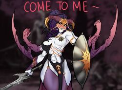 1girl abs blush centurii-chan colored_skin daemon_prince daemonette demon dress english_text extra_arms highres holding holding_shield holding_sword holding_weapon horns long_hair monster_girl muscular muscular_female pasties purple_hair shield slaanesh sword warhammer_40k weapon white_skin