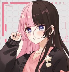 1girl adjusting_eyewear black_hair black_jacket black_nails blue_eyes blush commentary_request glasses grey_background hand_up jacket long_sleeves looking_at_viewer multicolored_hair multicolored_nails nail_polish open_clothes open_jacket pink-framed_eyewear pink_hair pink_nails pink_shirt puffy_long_sleeves puffy_sleeves rino_cnc round_eyewear shirt sleeves_past_wrists solo tachibana_hinano two-tone_hair upper_body virtual_youtuber vspo! vspo!_showdown
