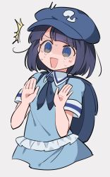 Rule 34 | 1girl, @ @, ^^^, backpack, bag, blouse, blue eyes, blue hair, blue shirt, collared shirt, dark blue hair, dark haired kappa, flat cap, frilled shirt, frills, hands up, hat, highres, hitodama print, medium hair, neckerchief, open mouth, sasa kichi, shirt, short sleeves, simple background, solo, sweatdrop, tears, touhou, upper body, white background