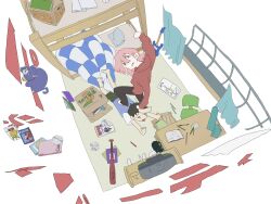 angry arm_up baseball_bat bedroom blanket cat cd chair curtains desk flcl foot_on_another&#039;s_back gainax grabbing_another&#039;s_hair green_eyes guitar haruhara_haruko hood hoodie instrument looking_at_viewer magazine_(object) messy_room nandaba_naota pencil pink_hair pink_punk_ponk simple_background television