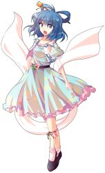 1girl alphes_(style) blue_eyes blue_hair collarbone commentary_request dairi dress flower full_body hagoromo hair_ornament hair_rings hair_stick highres kaku_seiga light_smile ofuda parody shawl solo style_parody tachi-e touhou transparent_background vest