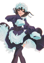 1girl absurdres alternate_costume apron black_eyes black_hair black_pantyhose bob_cut closed_mouth corset cowboy_shot empty_eyes frilled_apron frills hair_between_eyes highres juliet_sleeves long_sleeves looking_at_viewer maid maid_apron maid_headdress monogatari_(series) oshino_ougi pale_skin pantyhose puffy_sleeves short_hair shyiek_art simple_background skirt sleeves_past_fingers sleeves_past_wrists smile solo standing thighhighs white_apron white_background