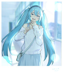 1girl :d a_yu_(2932120331) absurdres aqua_eyes aqua_hair bag commentary grey_skirt hairband hatsune_miku highres long_hair looking_at_viewer off-shoulder_shirt off_shoulder open_mouth plaid_hairband shirt shoulder_bag skirt smile solo standing teeth tongue vocaloid white_shirt