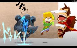 1boy arm_cannon around_corner assault_visor baseball_cap belt blonde_hair blue_visor bulging_eyes commentary dark_samus diddy_kong donkey_kong donkey_kong_(series) donkey_kong_country dripping eye_pop floating green_headwear green_tunic hat jumping letterboxed link metroid metroid_(creature) metroid_prime metroid_prime_(creature) metroid_prime_3:_corruption monkey nintendo peeking_out phazon puddle removing_helmet scared screaming shield shield_on_back slime_(substance) super_smash_bros. surprised sword teke tentacles the_legend_of_zelda tongue tongue_out toon_link tunic unworn_hat unworn_headwear wall weapon