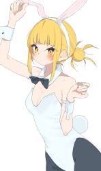 1girl absurdres animal_ears arm_up armband bad_id bad_twitter_id bare_shoulders black_bow black_bowtie black_pantyhose blonde_hair blunt_bangs blush boku_no_hero_academia bow bowtie breasts cleavage closed_mouth collar commentary_request cowboy_shot detached_collar dot_nose double_bun fake_animal_ears hair_bun hairband hand_up highres leotard looking_at_viewer medium_breasts messy_hair pantyhose playboy_bunny pouty_lips rabbit_ears rabbit_tail rasusurasu short_eyebrows short_hair_with_long_locks sidelocks simple_background solo standing straight_hair strapless strapless_leotard tail toga_himiko tsurime white_armband white_background white_collar white_hairband white_leotard wrist_cuffs yellow_eyes