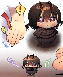 ! 1girl 1other :o ? ant_girl antenna_hair arthropod_girl blush boots brown_eyes chibi chibi_only commentary_request gradient_eyes green_boots harumina_mau highres main_ant_girl_(harumina_mau) mini_person minigirl multicolored_eyes original personification purple_eyes short_hair solo_focus yurie_mouth