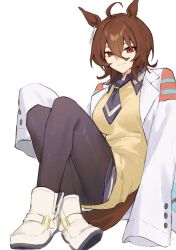 1girl agnes_tachyon_(umamusume) ahoge animal_ears black_necktie black_pantyhose breasts brown_hair closed_mouth coat collared_shirt earrings hair_between_eyes hem_peeking_out highres horse_ears horse_girl horse_tail jewelry lab_coat long_sleeves looking_at_viewer medium_breasts medium_hair nats_(d0ughnats) necktie open_clothes open_coat pantyhose red_eyes shirt shoes short_necktie side_ponytail simple_background single_earring sleeves_past_fingers sleeves_past_wrists smile solo sweater tail umamusume white_background white_shoes yellow_sweater