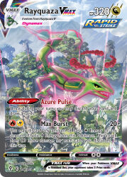 anesaki_dynamic animal_focus artist_name black_sclera blue_sky card_(medium) character_name claws cloud colored_sclera company_name copyright_name copyright_notice day dragon dynamax eastern_dragon english_text fang flying gen_3_pokemon legendary_pokemon mountainous_horizon nintendo no_humans official_art open_mouth outdoors pillar_of_light pokemon pokemon_(creature) pokemon_card pokemon_focus pokemon_tcg rayquaza red_clouds sky solo stairs third-party_source trading_card tree yellow_eyes