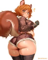 1girl absurdres animal_ears ass belt black_gloves blush brown_hair brown_shirt brown_shorts brown_tail brown_thighhighs closed_mouth crop_top freckles gloves green_eyes highres kyatsuwu long_sleeves marvel marvel_rivals medium_hair shirt shorts solo squirrel_ears squirrel_girl squirrel_girl_(marvel) squirrel_tail tail thighhighs white_background