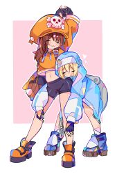 Rule 34 | 1boy, 1girl, absurdres, androgyne symbol, bee sempai, bike shorts, blonde hair, boots, bridget (guilty gear), brown hair, cabbie hat, fingerless gloves, gloves, guilty gear, guilty gear strive, hat, hat ornament, highres, hood, hooded jacket, hoodie, jacket, long hair, long sleeves, may (guilty gear), open mouth, orange boots, orange headwear, orange hoodie, orange shirt, shirt, shorts, skull and crossbones, skull hat ornament, trap