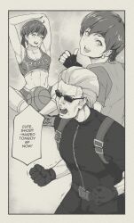 Rule 34 | 1boy, 1girl, abs, albert wesker, angry, armpits, arms up, ball, basketball (object), belt, breasts, bulletproof vest, chest harness, clenched hands, commentary, crossed legs, earrings, english commentary, english text, fingerless gloves, gloves, harness, headband, jewelry, looking at viewer, open mouth, pants, rebecca chambers, resident evil, shoes, short hair, sitting, small breasts, smile, sneakers, socks, sparkle, speech bubble, sports bra, stretching, sunglasses, teeth, thumbs up, tomboy, trembling, tyrone, upper teeth only, veins, zipper, zipper pull tab