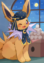 Rule 34 | absurdres, animal, animal focus, blush, gen 1 pokemon, hat, highres, illustrattyako, jolteon, moon, necktie, night, nintendo, one eye closed, open mouth, pokemon, pokemon (creature), purple eyes, sitting, smile, two-tone fur, white fur, window, yellow fur
