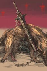1boy 1other black_boots blue_surcoat boots brown_gloves cerberus chain claws elden_ring elden_ring_nightreign full_body giant giant_monster gladius_(elden_ring) gloves helmet highres huge_weapon in-universe_location monster nira_(nira_box) on_ground outdoors planted planted_sword planted_weapon sand sitting sword teeth tongue weapon winged_helmet wylder_(elden_ring)