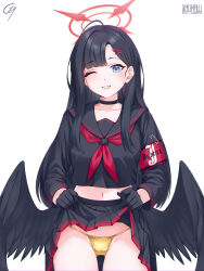 1girl armband bikini bikini_bottom_only bikini_under_clothes black_choker black_gloves black_hair black_sailor_collar black_serafuku black_shirt black_skirt black_wings blue_archive blue_eyes blush choker clothes_lift cowboy_shot feathered_wings gloves gold_bikini hair_ornament hairclip highres ichika_(blue_archive) lifting_own_clothes long_hair long_sleeves looking_at_viewer low_wings midriff miniskirt navel neckerchief one_eye_closed parted_bangs pleated_skirt red_armband red_neckerchief sailor_collar school_uniform serafuku shirt shizudraw simple_background skirt skirt_lift smile solo swimsuit thighs unusually_open_eyes white_background wings