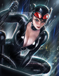 1girl animal_ears artist_name batman_(series) black_hair blue_eyes breasts cat_ears catsuit catwoman choker city cityscape cleavage dc_comics deviantart_username fake_animal_ears female_focus gloves goggles goggles_on_head lipstick makeup night night_sky rain red_lips sakimichan selina_kyle sky smile solo squatting watermark web_address wet whip zipper