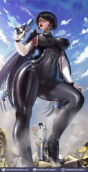 1girl 1other artist_name bayonetta bayonetta_(series) bayonetta_2 black_bodysuit black_eyeshadow black_footwear black_hair blue_eyes blue_sky bodysuit breasts cloud curvy ear_piercing earrings eyeshadow female_focus glasses gun high_heels highres jewelry large_breasts lipstick luminyu makeup piercing red_lips shiny_clothes shiny_skin short_hair sideboob sky smoke thick_thighs thighs watermark weapon web_address
