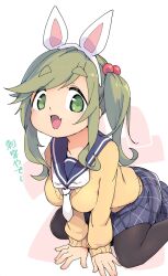 1girl all_fours animal_ear_hairband animal_ears black_pantyhose blue_sailor_collar blue_skirt brown_hair car commentary_request fake_animal_ears fang feet_out_of_frame green_eyes hairband highres inuyama_aoi long_hair looking_at_viewer magenta_(atyana) open_mouth pantyhose plaid_clothes plaid_skirt rabbit_ear_hairband rabbit_ears sailor_collar school_uniform serafuku side_ponytail sidelocks skin_fang skirt smile solo swept_bangs thick_eyebrows translation_request white_background yellow_car yurucamp