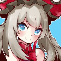 1girl blue_background blue_eyes closed_mouth eyelashes fate/grand_order fate_(series) finger_to_mouth flower_in_eye gloves grey_hair hat long_hair looking_at_viewer lowres marie_antoinette_(fate) portrait red_gloves red_hat shino_(acidrain) simple_background sleeveless solo symbol_in_eye upper_body